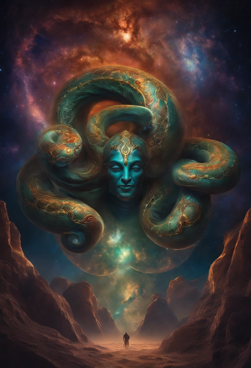 Cosmic god with the appearance of a multi-headed snake, curling up on multiple planets