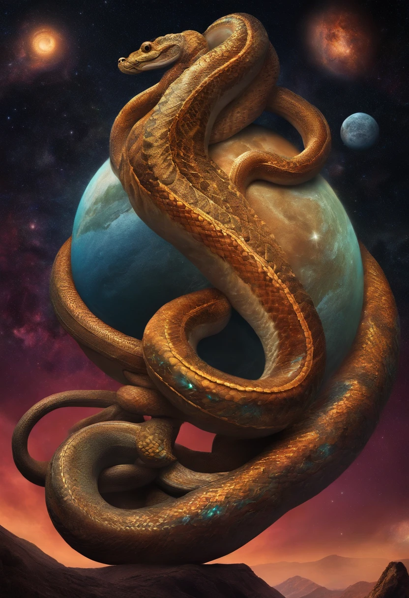 Cosmic god with the appearance of a multi-headed snake, curling up on multiple planets