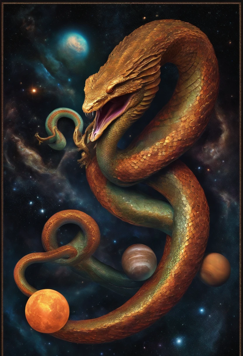 Cosmic god with the appearance of a multi-headed snake, curling up on multiple planets