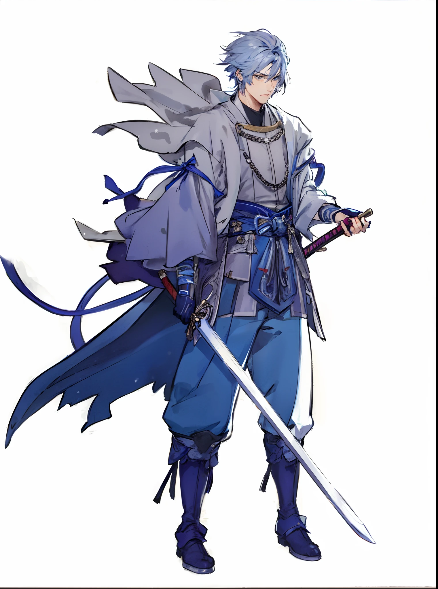 Drawing of a man with a sword and cloak, keqing from genshin impact, zhongli from genshin impact, masamune shiro, genshin impact character, ( ( character concept art ) ), handsome guy in demon slayer art, best anime character design, Official Character Art, shigenori soejima illustration, with large sword,Finish up