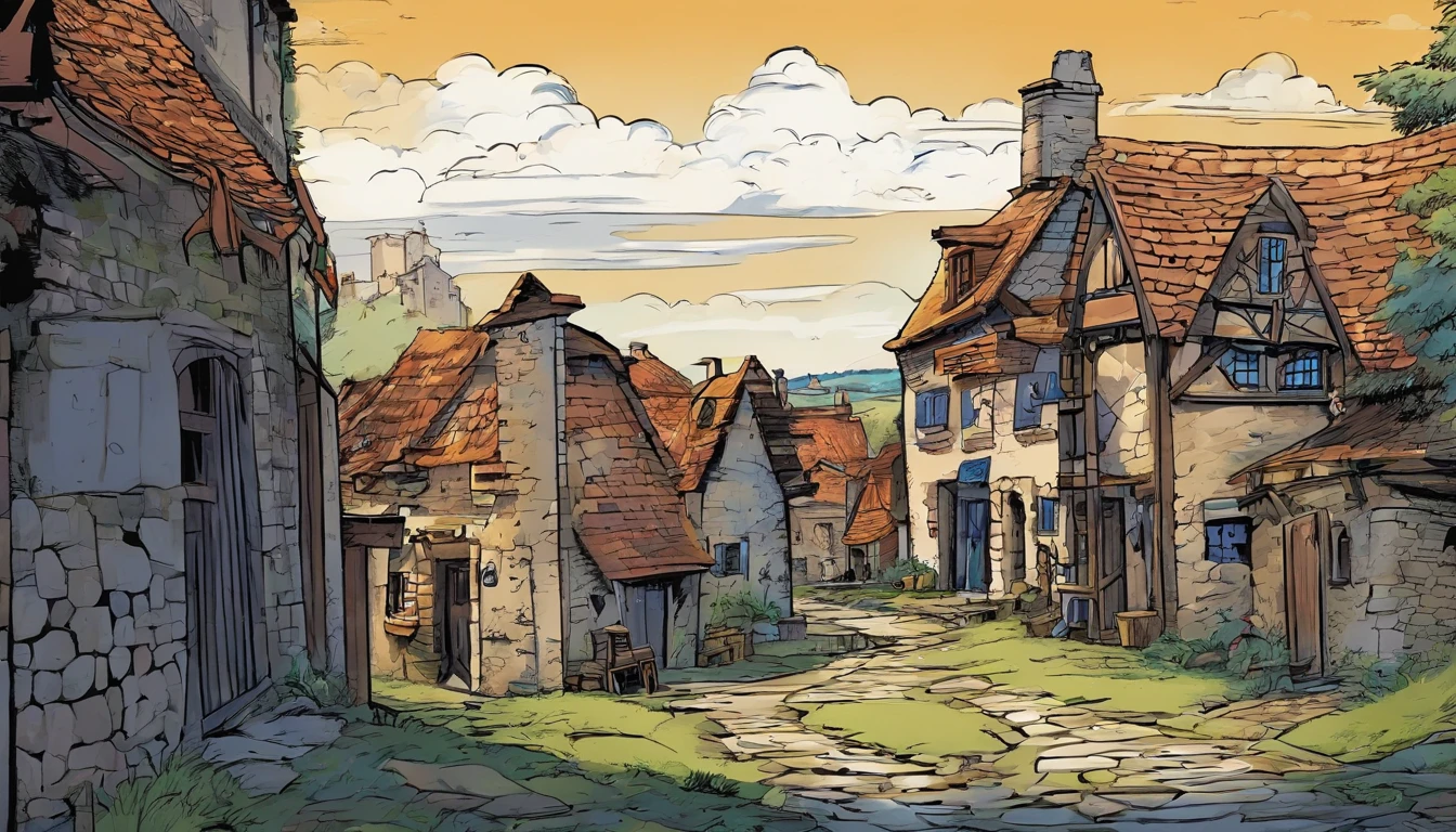 dark stomry sky, low-angle, medieval village, abandonned