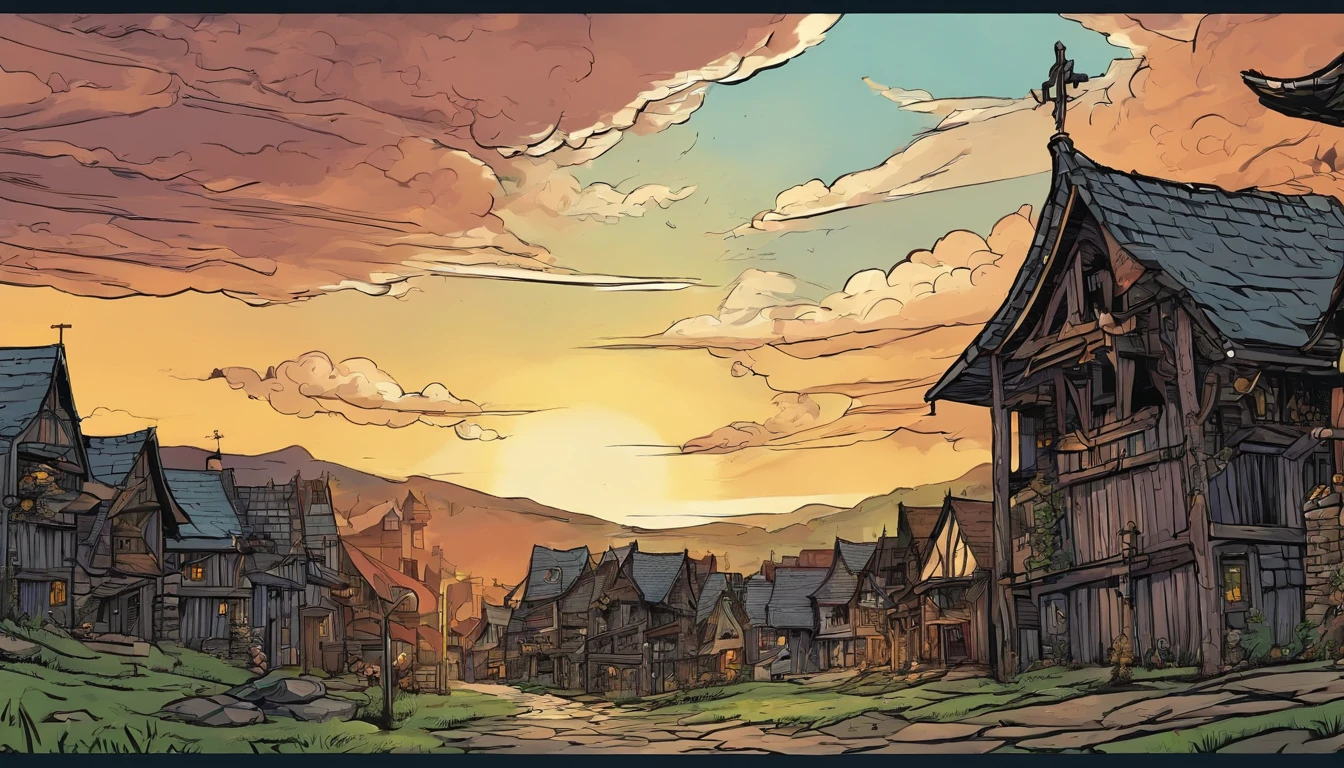 dark stomry sky, low-angle, medieval village, abandonned