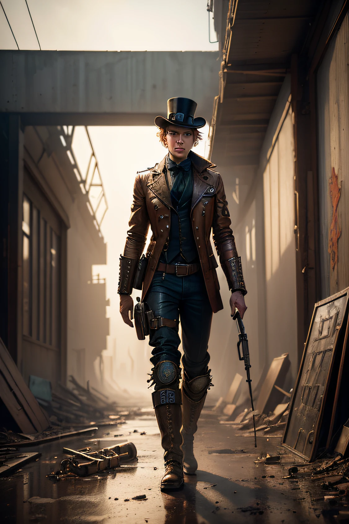 (best quality,4k,8k,highres,masterpiece:1.2),ultra-detailed,(realistic,photorealistic,photo-realistic:1.37),steampunk,woman standing,wasteland,desolate atmosphere,futuristic technology,worn-out mechanical parts,gears and cogs,steam-powered machinery,dilapidated buildings,mysterious atmosphere,misty backdrop,copper tones,soft diffused lighting,industrial decay,gritty textures,vintage clothing,ornate accessories,goggles,top hat,leather boots,scavenged items,post-apocalyptic setting,majestic sky,adventurous spirit.