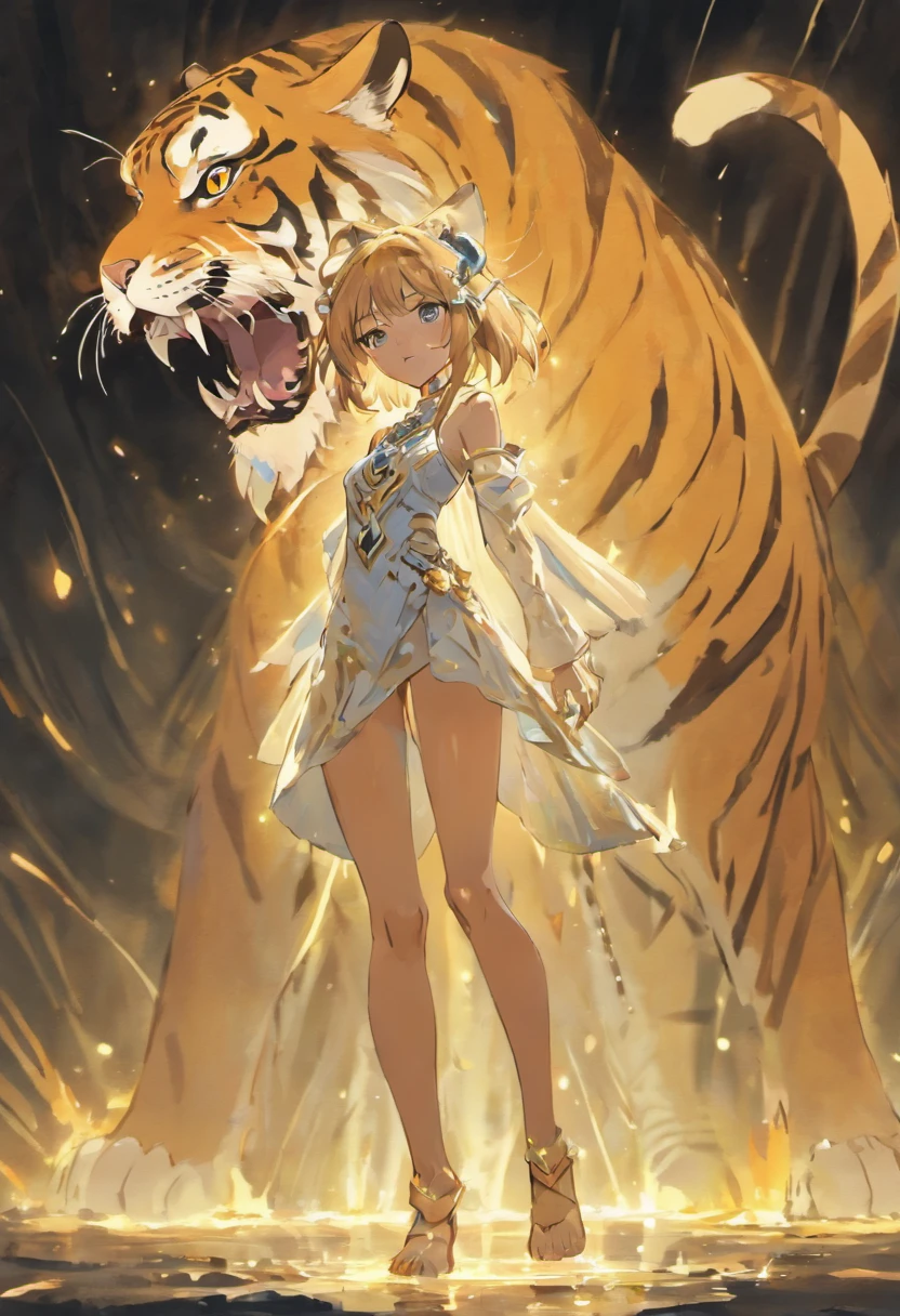 a tiger, four legs, white, siamese color, bengal spots, glowing eyes, majestic, god, four legs, fantasy, male, full body, simple background