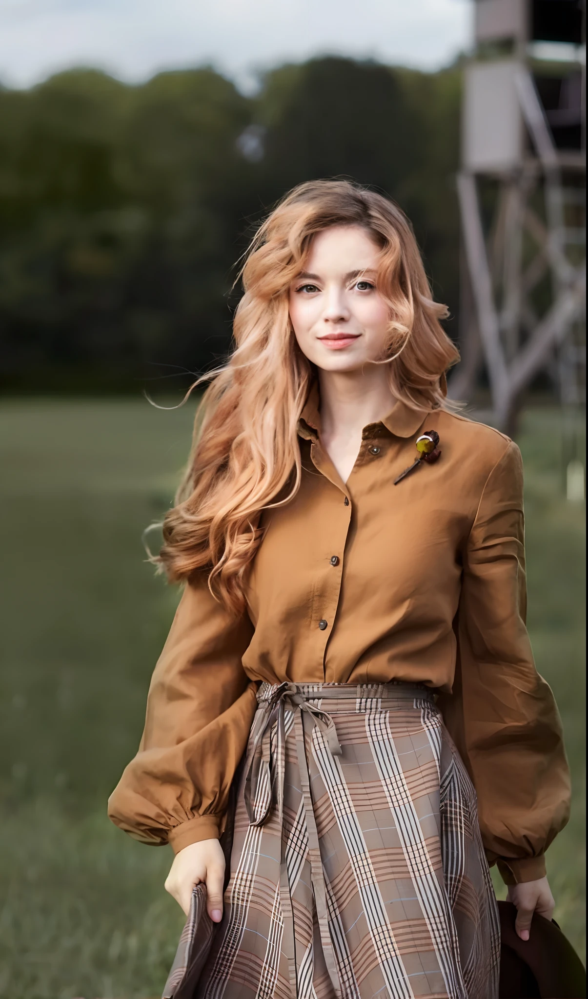 a woman in a brown shirt and plaid skirt standing in a field, flowing ginger hair, brown shirt, style of julia razumova, infp young woman, ginger wavy hair, brown clothes, wearing a linen shirt, anna nikonova aka newmilky, anna nikonova, mid shot portrait, brown jacket with long sleeves, puff sleeves, voluminous sleeves, best quality, vestido anos 20, anos 20, vintage, linda mulher, pintura, illustration