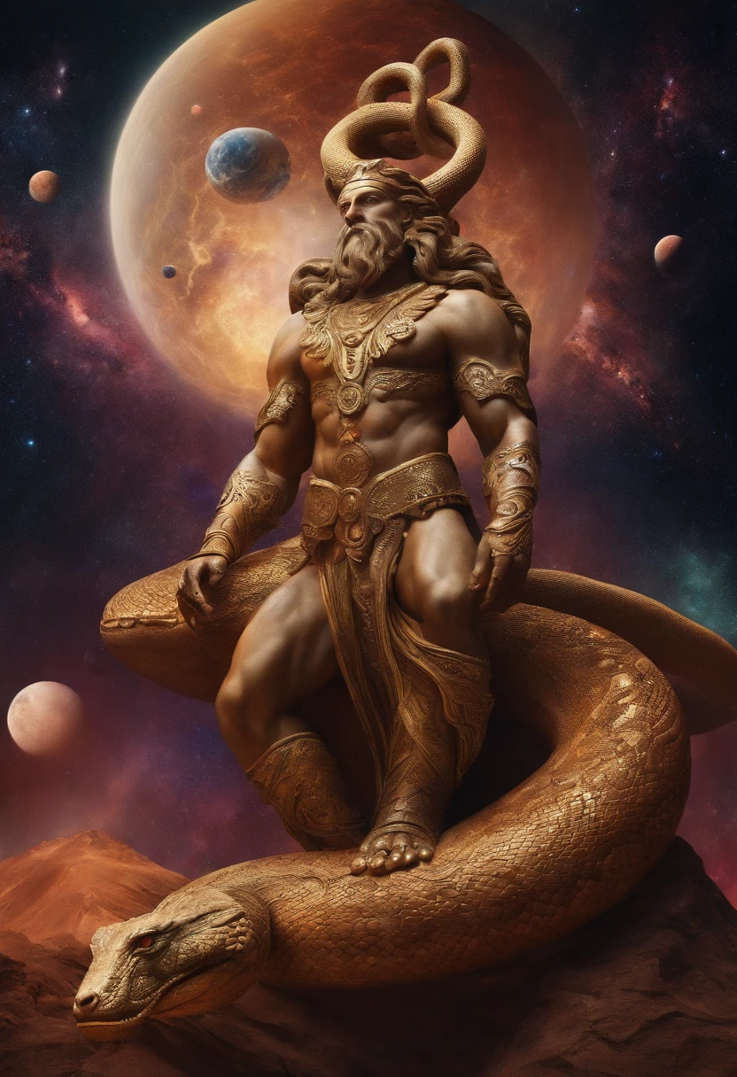 Cosmic god with the appearance of a multi-headed snake, curling up on multiple planets