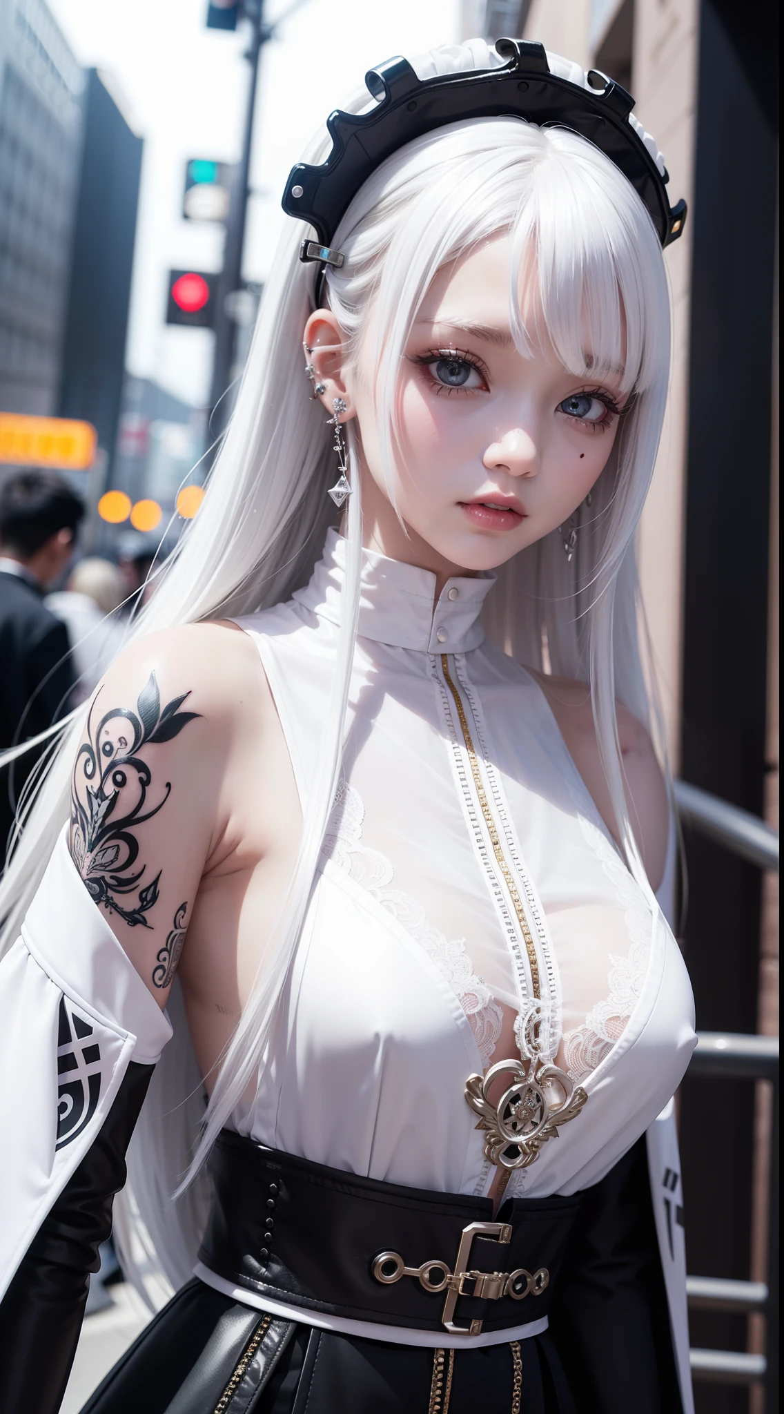Full of tattoos、All over white、Futuristic and luxurious hair ornament、Colorful Hair Color、Street Goth Lolita Fashion、lightly dressed、Gentle smile、Very cool pose、cyberpunkcity