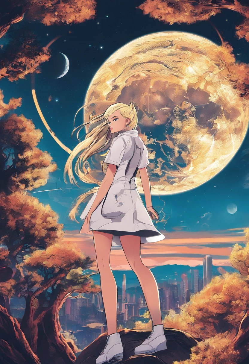 the night,A blonde girl with double ponytail and yellow eyes(wearing short skirt)The back of a singing song standing on a treetop,The sky has a full moon