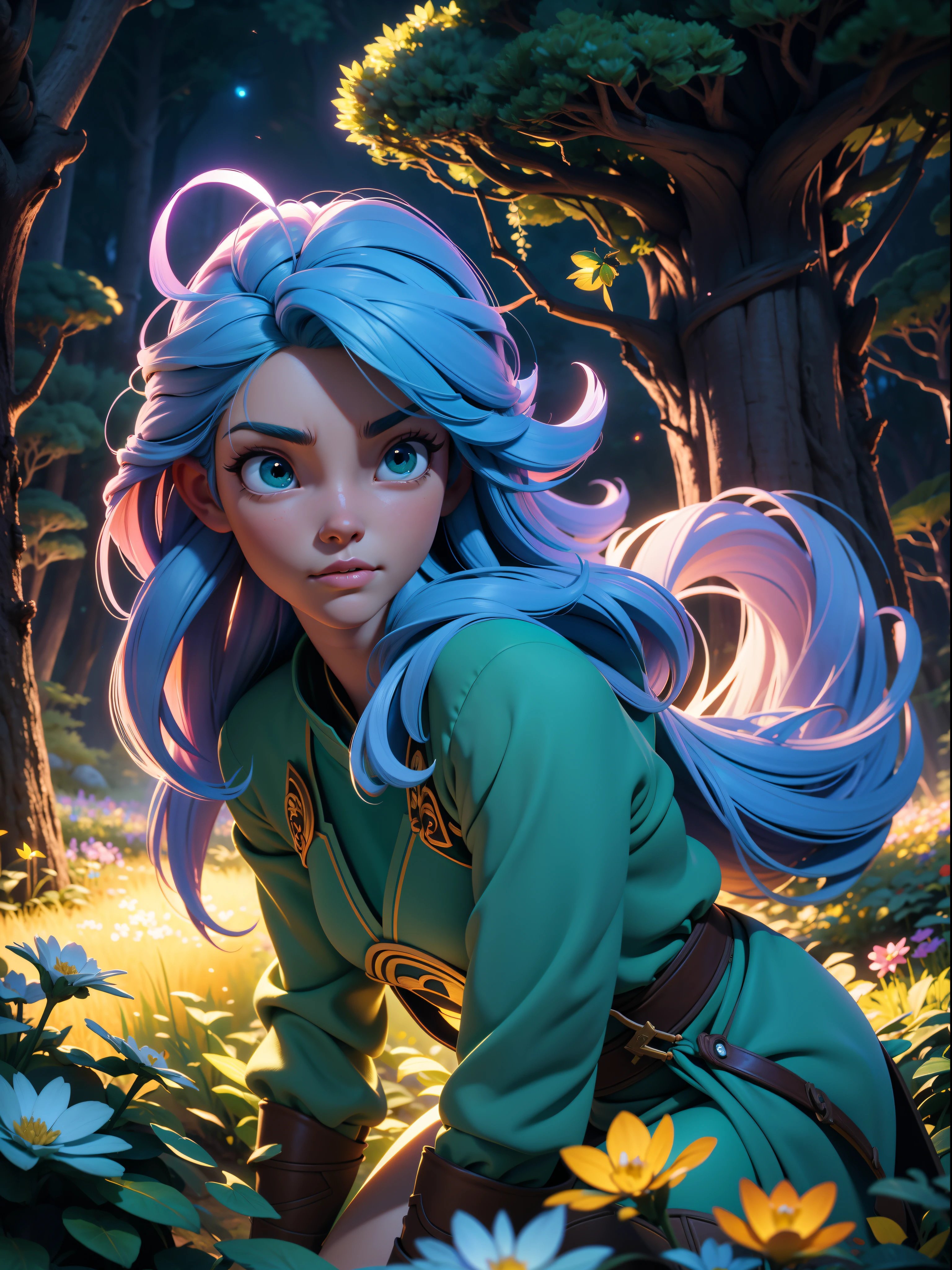 masterpiece, 1beautiful girl, with long hair and guild adventurer clothes, she is in a beautiful ([woodland setting]), {([she is in interaction with the elements of the setting])|+([3D space composition ]):1.2}!  {The setting is: (fareground/ bright leaves+blur, beautiful colorful flowers, fireflies)!  (midground/bright bushes, grasses, flowers, glowing trees, squirrels_on_the_ground, +a 1beautiful girl, with long hair and guild adventurer clothes)!  (background/ froresta_verde_escura)}!  ([camera with dynamic angles/+naturalness]:1.2), maximum detail, ultra quality, maximum resolution, 16k, anime style, ([work with 3D perspective]):1.3, (creative/+dynamic/+naturalness):1.2, [camera with dynamic capture angles/+genius work of art]:1.2! [ethereal atmosphere]:1.1 [fantasy, tale] [book story style] [soft lighting] [whimsical feel]:0:8 [+cinematic shot]:1.2 [+artstation] [+ luminescent blue blue green yellow] [+soft lighting] [soft glow] [+particles] [creative and dynamic angles]:1.3, [+mineral toning] [+octane rendering] [+professional post production ] [+rendering octane] [+tones and lighting and contrast/+ghibli style/+studio style]