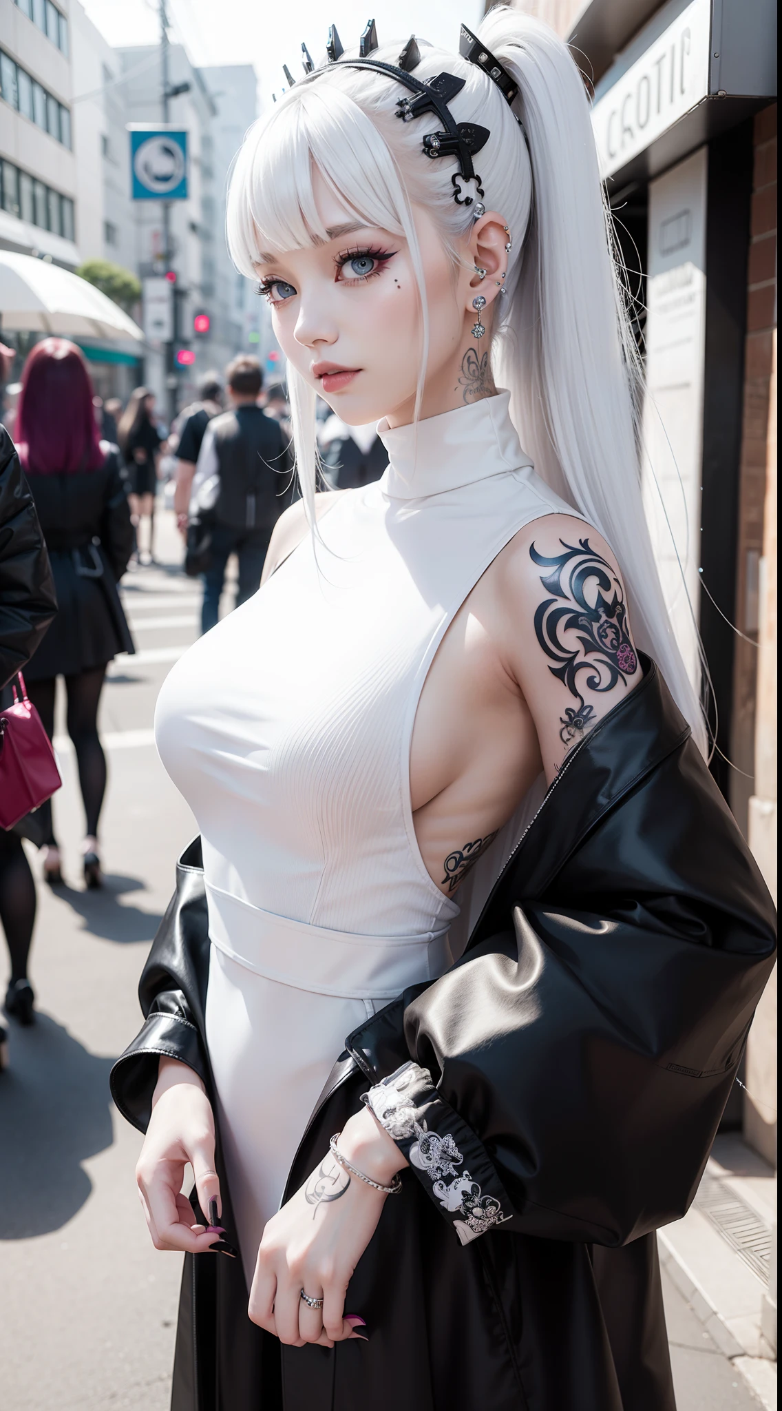 Full of tattoos、All over white、Futuristic and luxurious hair ornament、Colorful Hair Color、Street Goth ta Fashion、lightly dressed、Gentle smile、Very cool pose、cyberpunkcity