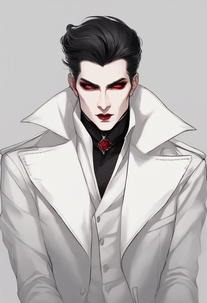 high quality photorealistic image of a man with black hair and red eyes wearing a choke, androgynous vampire, vampire of clan lasombra, male vampire, male vampire evil devious male, handsome male vampire, ((red)) baggy eyes, red eyes wearing goth makeup, black lipstick dark piercing eyes, with haunted eyes and dark hair. MALE gender neutral androgenous beautiful young man, sharp jaw, male features, porcelain skin