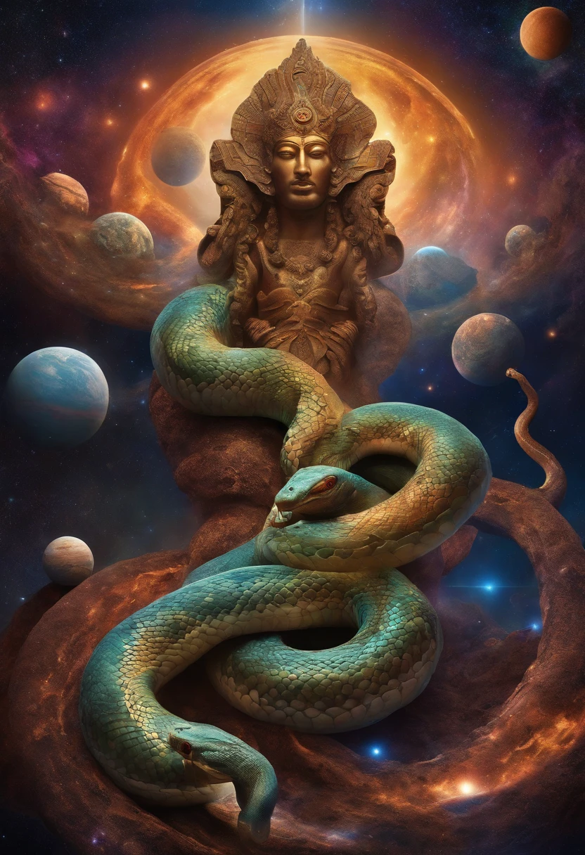 Cosmic god with the appearance of a multi-headed snake, curling up on multiple planets