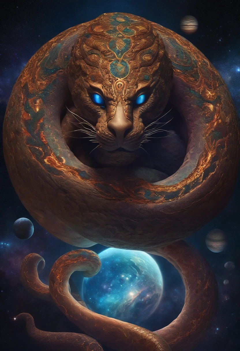 Cosmic god with the appearance of a multi-headed snake, curling up on multiple planets