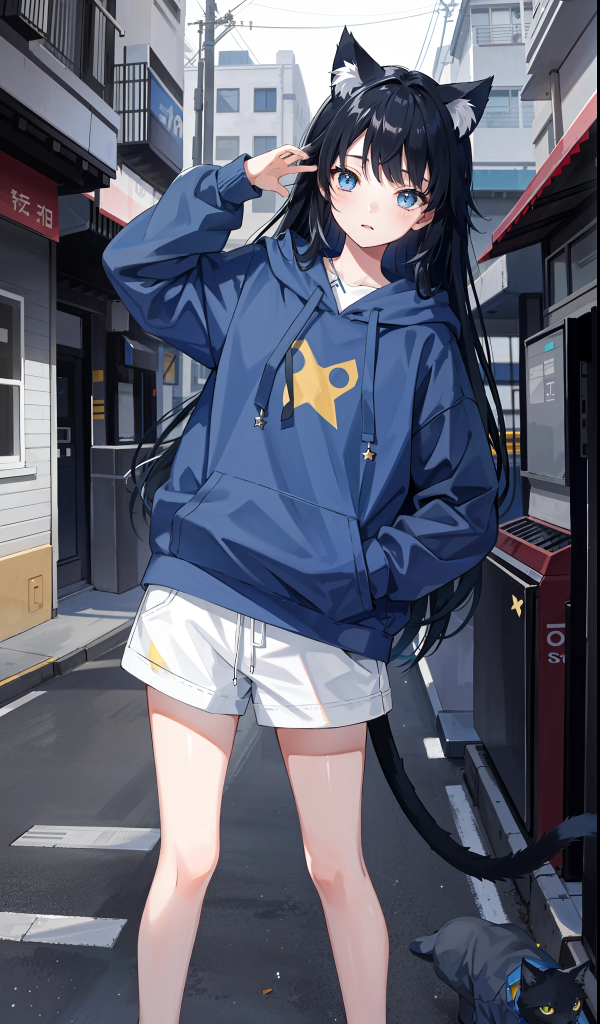 1girl, 13 years old, realistic, she is wearing short pants, she is wearing blue hoodie, black hair, cat ear, cat tail, long hair, Sleepy face, street, 155cm, star eye