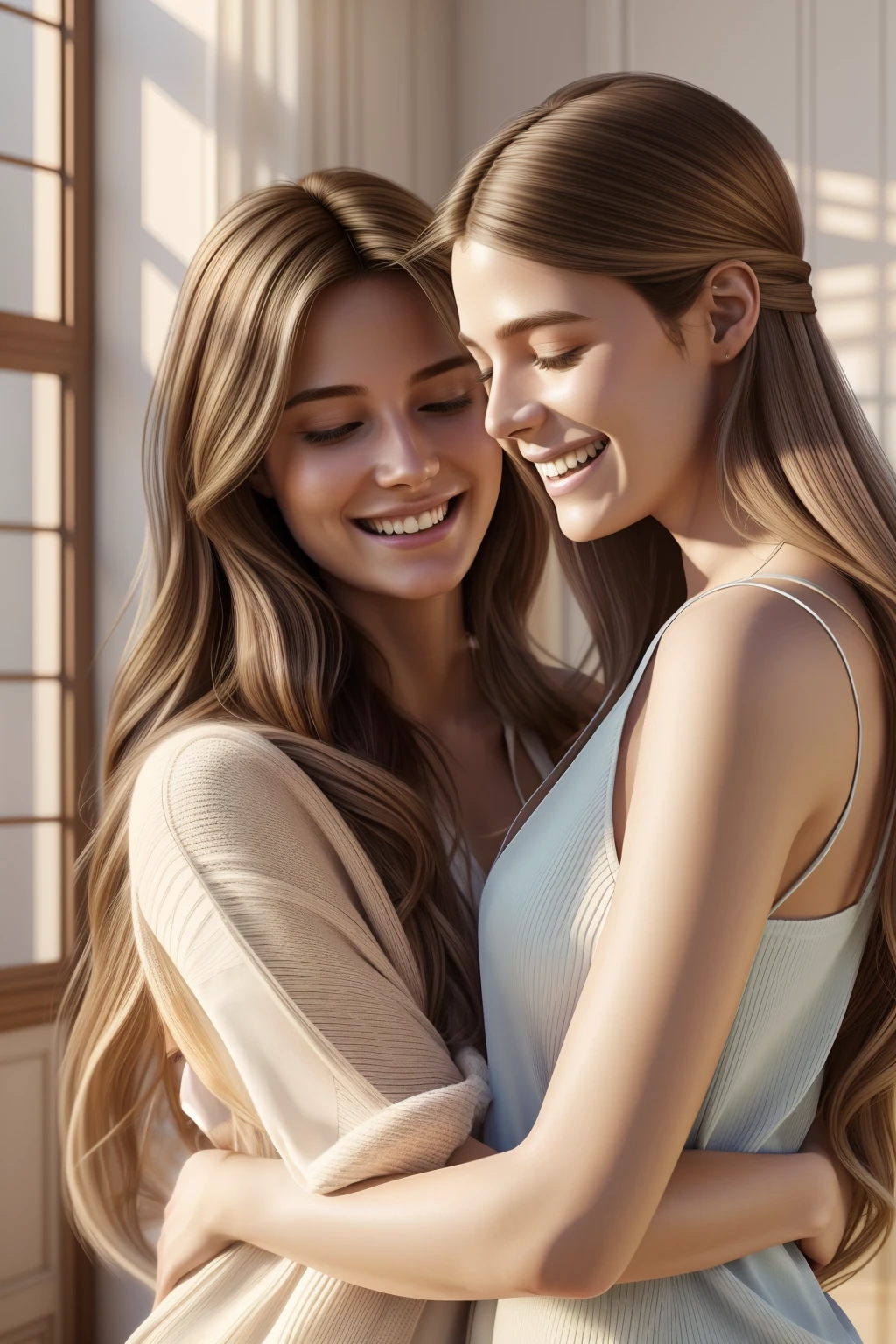 Indoor scene of two French girls hugging and smiling, long flowing hair, happy expression, looking at each other, photorealistic, soft pastel colours, intricate, path tracing, illustration, insanely detailed, direct sunlight on face, path traced hair