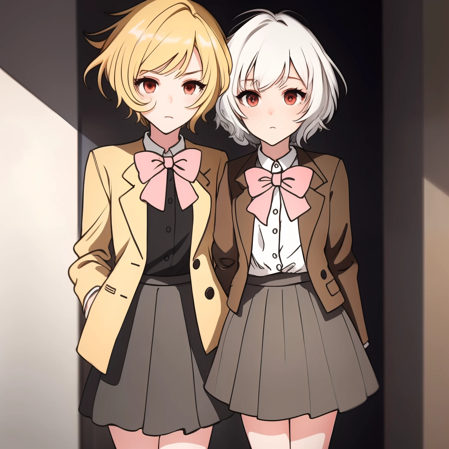 2 girls, BREAK ((yellow short hair)+brown eyes, brown jacket, Grey skirt, pink bow) BREAK , (long white hair+red eyes, brown jacket, Grey skirt, pink bow), dynamic pose, basement