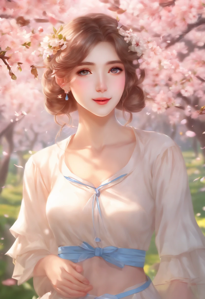 (Best Quality,4K,8K,hight resolution,masutepiece:1.2),Ultra-detailed,Gawr Gura,khyle.,Illustration,Soft blend color,Vibrant,Pastel tones,1girl in,Bright blue eyes,Wearing a cute sailor suit,Stand under a blooming cherry tree,Basking in the soft sunshine,Close your mouth and smile,with a bouquet of colorful flowers,,Glittering cherry petals fall around her,Peaceful and fun atmosphere, 1girl in,