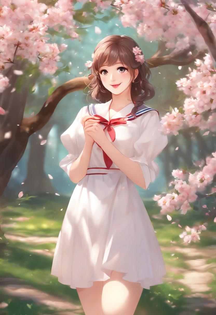 (Best Quality,4K,8K,hight resolution,masutepiece:1.2),Ultra-detailed,Gawr Gura,khyle.,Illustration,Soft blend color,Vibrant,Pastel tones,1girl in,Bright blue eyes,Wearing a cute sailor suit,Stand under a blooming cherry tree,Basking in the soft sunshine,Close your mouth and smile,with a bouquet of colorful flowers,,Glittering cherry petals fall around her,Peaceful and fun atmosphere, 1girl in,