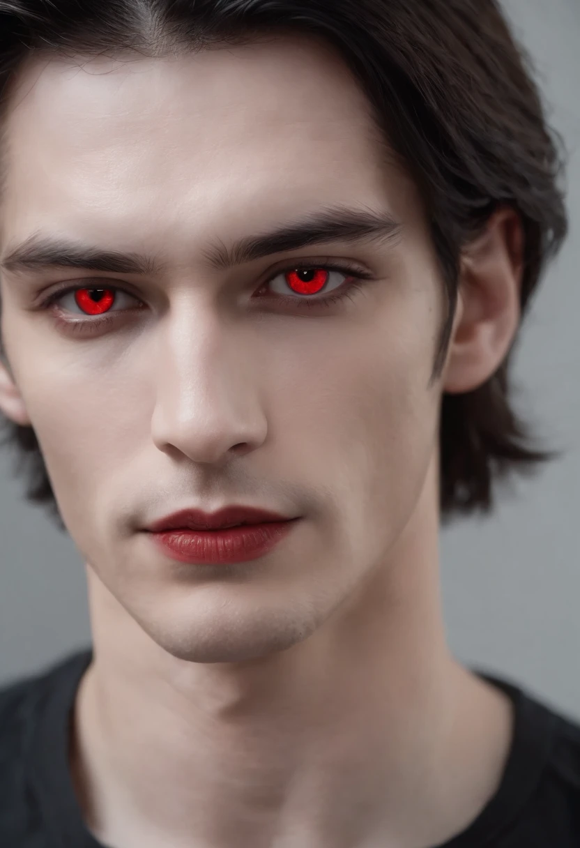 high quality photorealistic image of a man with black hair and red eyes wearing a choke, androgynous vampire, vampire of clan lasombra, male vampire, male vampire evil devious male, handsome male vampire, ((red)) baggy eyes, red eyes wearing goth makeup, black lipstick dark piercing eyes, with haunted eyes and dark hair. MALE gender neutral androgenous beautiful young man, sharp jaw, male features, porcelain skin