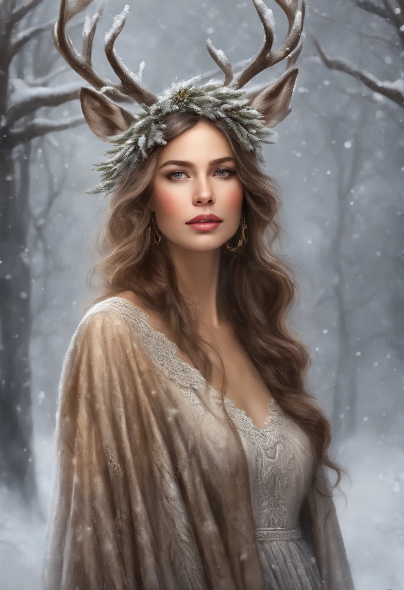 Best quality,Ultra-detailed,Realstic,photoreallistic:1.37,(Hdr,UHD),(studio lighting),(Couleurs vives),(Bokeh),(Rendu physique),(Extremely detailed description),portrait,femme,beautiful detailed  eyes,beautiful detailed lips,Beau sourire,posture gracieuse,glowy skin,cheveux longs et fluides,dressed in a flowing dress,debout dans la neige,avec une expression sereine,surrounded by deer,flocons de neige doux qui tombent,air frais et froid en hiver,Snowy trees in the background,Peaceful and enchanting atmosphere
