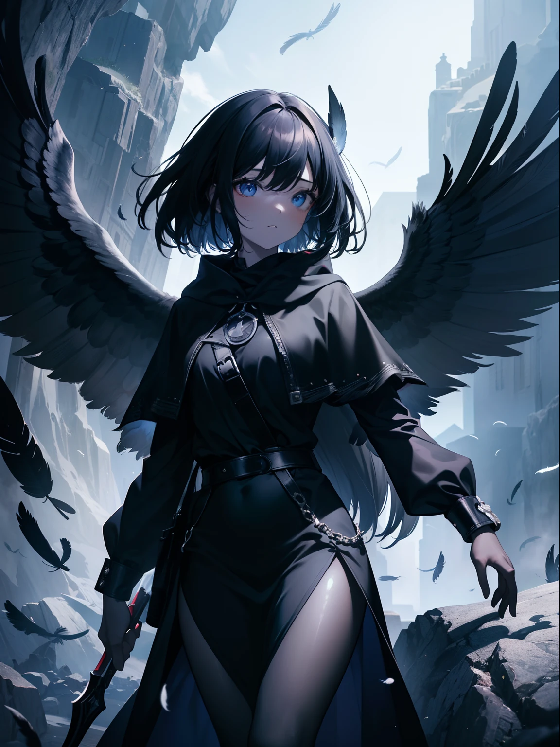 (Masterpiece, Best quality, ultra high resolution),1girl, black hair, bright Eyes , black dress, hood,(bird girl,gray skin, wings,feathers),beautiful and detailed face, detailed eyes,in a mountain, standing on top of a rock, night,fog,(gray and blue theme)