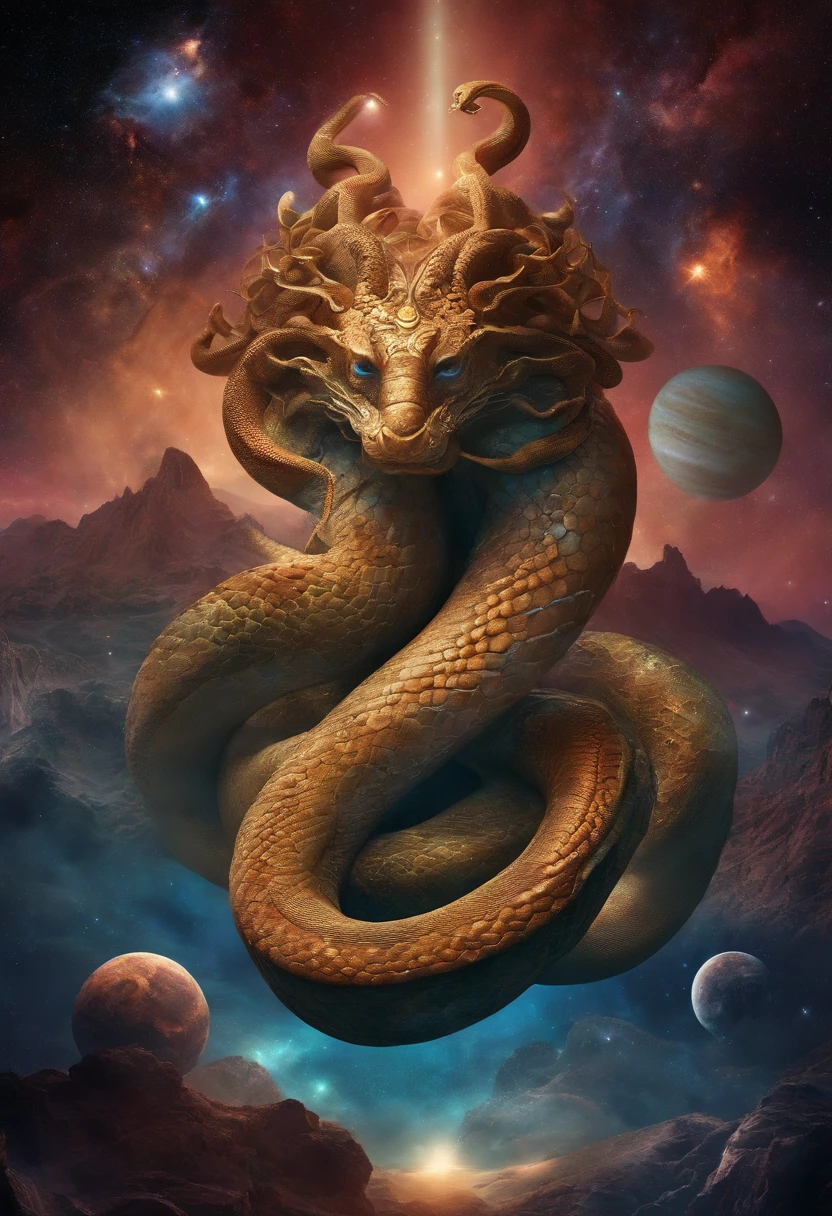 Cosmic god with the appearance of a snake, multiple heads, curling up on multiple planets