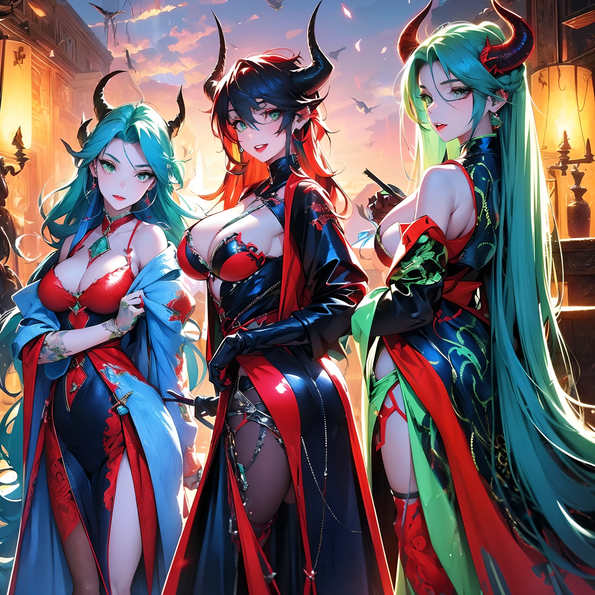 2 girls, twins, long hair, beautiful hair accessories, blue and green hair, exuding Dragonic aura, curly red horns, medium breasts, V-neck, body stocking, multicolour jacket, gorgeous girls, jagged teeth, epic posing, realistic hands