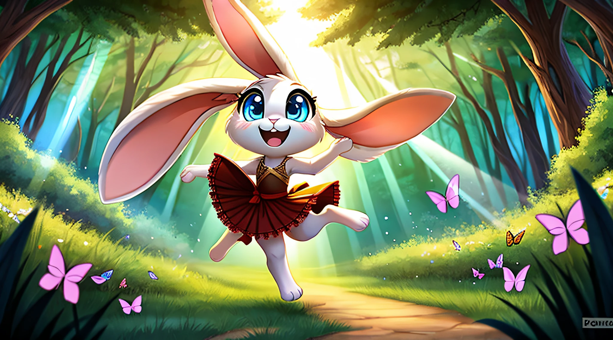 zoomed out image, fantasy style art, cute, adorable, short character, small, tiny little fluffy female white bunny with blue eyes, large poofy rabbit tail, big floppy ears, long ears, ears perked up, raised ears, long eyelashes, wearing a red frilly ribbon dress, in a forest, chasing butterflies, running after butterflies, big expressive smile, open mouth, wide eyes, excited eyes, excited face, stunning visuals, sunrays, digital illustration