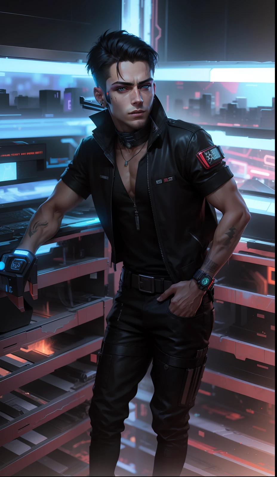 (best qualityer,4K,8K,A high resolution,work of art:1.2),ultra detali,(realisitic,fotorrealisitic,fotorrealisitic:2), Aerial view,Panoramas,Cyberpunk style male protagonist, Naked alpha male in the shower, legs are open, perfect look, The muscular body is covered in sweat, rough skin, beautiful face, hightech, The Robot Driver, intricate, daring, get sharp focus, Photograph of:Greg Rulkhovsky, soft lighting, swirly vibrant colors, work of art."