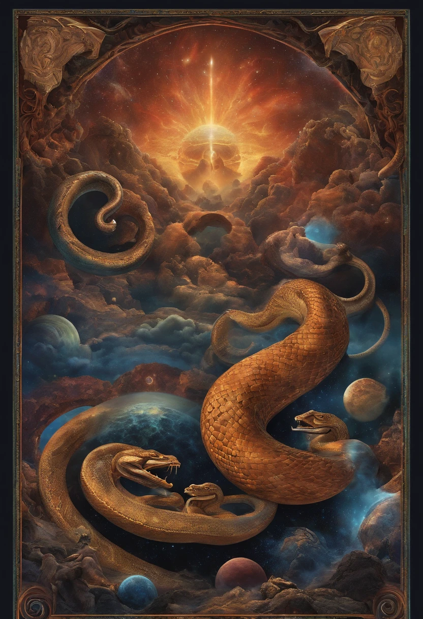 Cosmic god with the appearance of a multi-headed snake, curling up on multiple planets