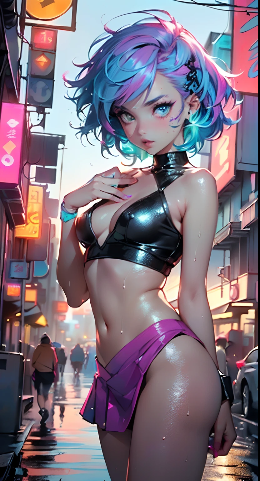 cute cartoon little loli,(((little loli,small tiny body,petite,chibi))),(((6 years old))),((extremely cute cartoon girl with liquid paint hair)),(((1 toddler:1.4))), (baby face), (round face),

(((flat chest))),(((short hair,liquid paint hair:1.1,neon purple hair|neon pink hair|neon blue hair|neon aqua hair|purple hair|fuchsia hair|fluorescent blue hair|amethyst hair|neon hair|bright pink hair :1.5,bright hair: 1.3,hair made of paint and defies gravity,thick flowing,paint splatter:1.3,shiny hair: 1.3,vibrant colored hair))),((((heterochromia:1.5,eye1 purple,eye2 pink))),intricate eyes,beautiful detailed eyes,symmetrical eyes,big eyes:1.5,((fat)),(((lustrous skin:1.5,bright skin: 1.5,skin tanned,shiny skin,very shiny skin,shiny body,plastic glitter skin,exaggerated shiny skin,illuminated skin,wet legs))),(delicate detailed fingers,detailed body,human hands),

cute,slutty,seductive,erotic,(((nsfw))),

revealing clothing,show skin,(wearing a Neon color theme clothing:1.3,micro clothes,fluorescent and neon clothing,rave fashion,micro crop top,micro skirt,visible thong straps,accessories LED),((wet clothes,intricate outfit,intricate clothes)),

(dynamic pose:1.0),solo focus,embarrassed,(centered,scale to fit dimensions,Rule of thirds),

cyberpunk city by the ocean at night, with bright neon signs and dark stormy clouds and puddles, scenery:1.25,

highres, sharp focus, (ultra detailed, extremely detailed), (photorealistic artwork:1.37),(extremely detailed CG unity 8k wallpaper),((synthwave background theme)),(((vibrant colors))),(intricate background),(masterpiece),(best quality),