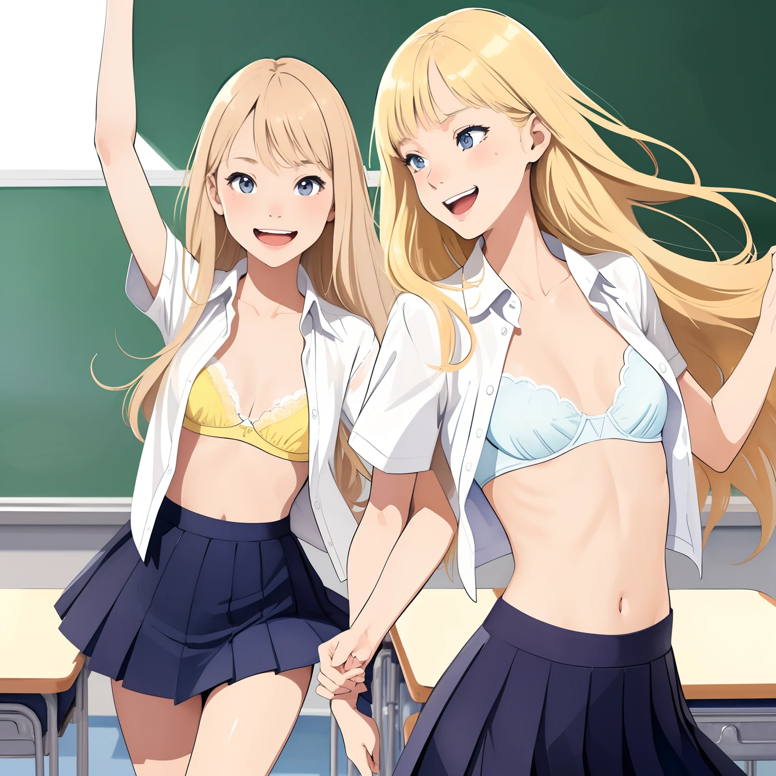 (superflat, flat shading, flat colors:1.1), (classroom), 2girls, young , schoolgirl, slim, small breast, blonde hair, school uniform, open shirt, white bra, running in classrrom, having fun, smile, laugh, emotional, wide angle, bright sunlight, best shadows, watercolor