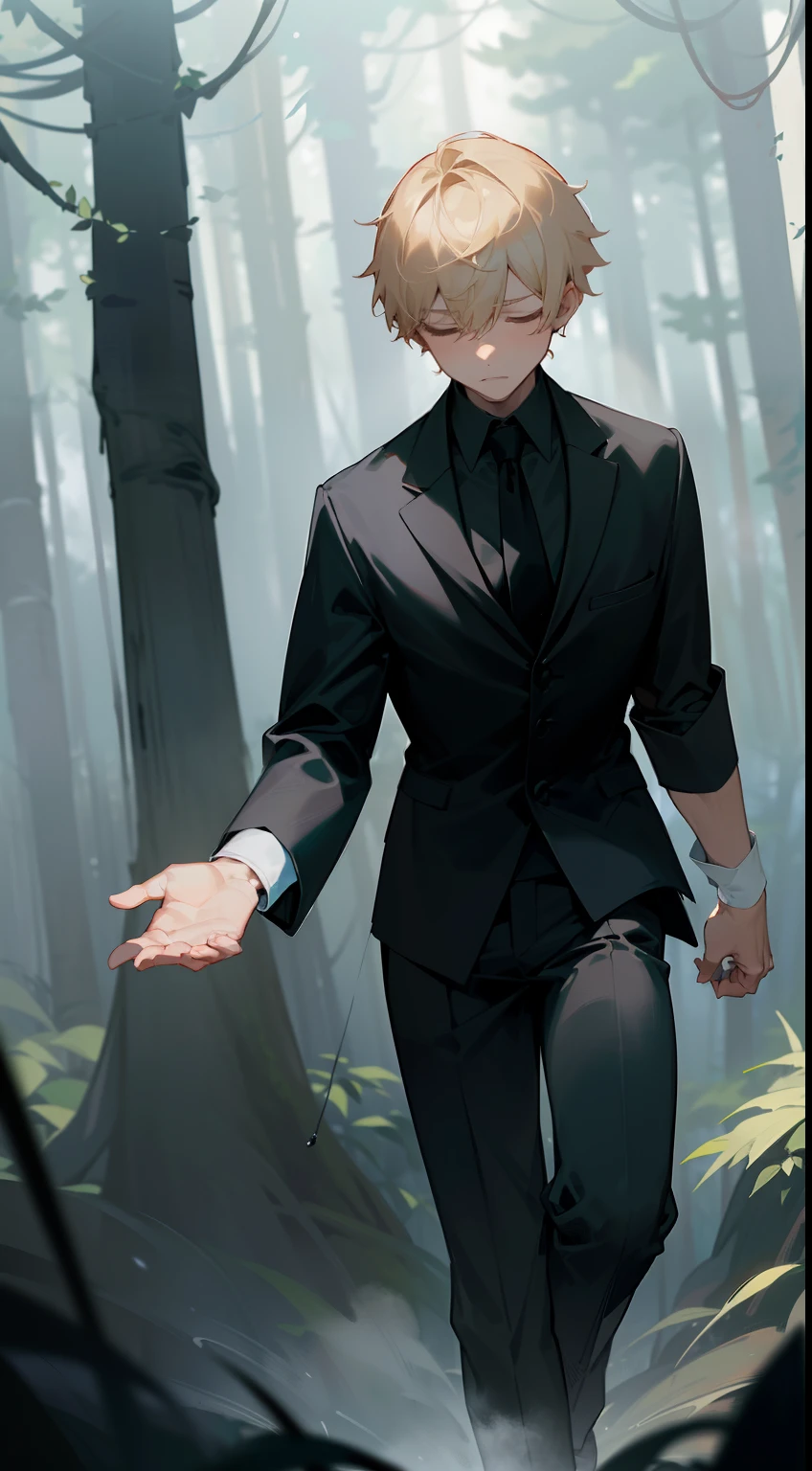 1boy,solo,serious face,black shirt,black tie,black pants,Short hair,blonde hair,closed eyes,mature male,(((walking in a forest))),(((casting dark magic, several datk mist around,hidden arms))),masterpiece,hd,4k,best quality,high quality