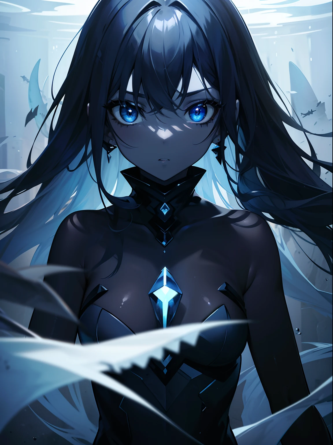 (Masterpiece, Best quality, ultra high resolution),1girl, dark blue hair, bright Eyes , black dress,(shark girl,gray skin),beautiful and detailed face, detailed eyes,in the abyssal depths of the ocean,(gray and blue theme)