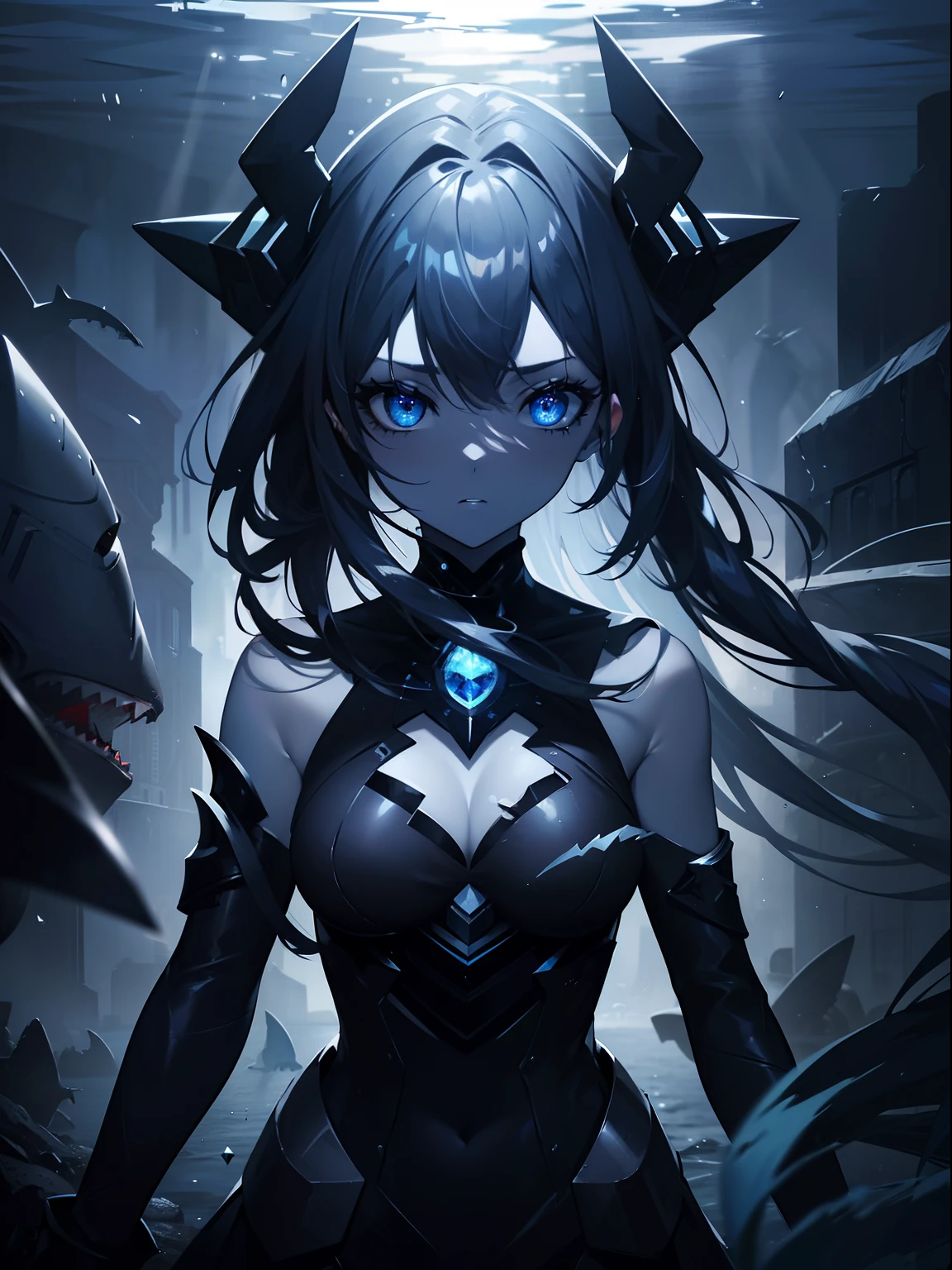 (Masterpiece, Best quality, ultra high resolution),1girl, dark blue hair, bright Eyes , black dress,(shark girl,gray skin),beautiful and detailed face, detailed eyes,in the abyssal depths of the ocean,(gray and blue theme)