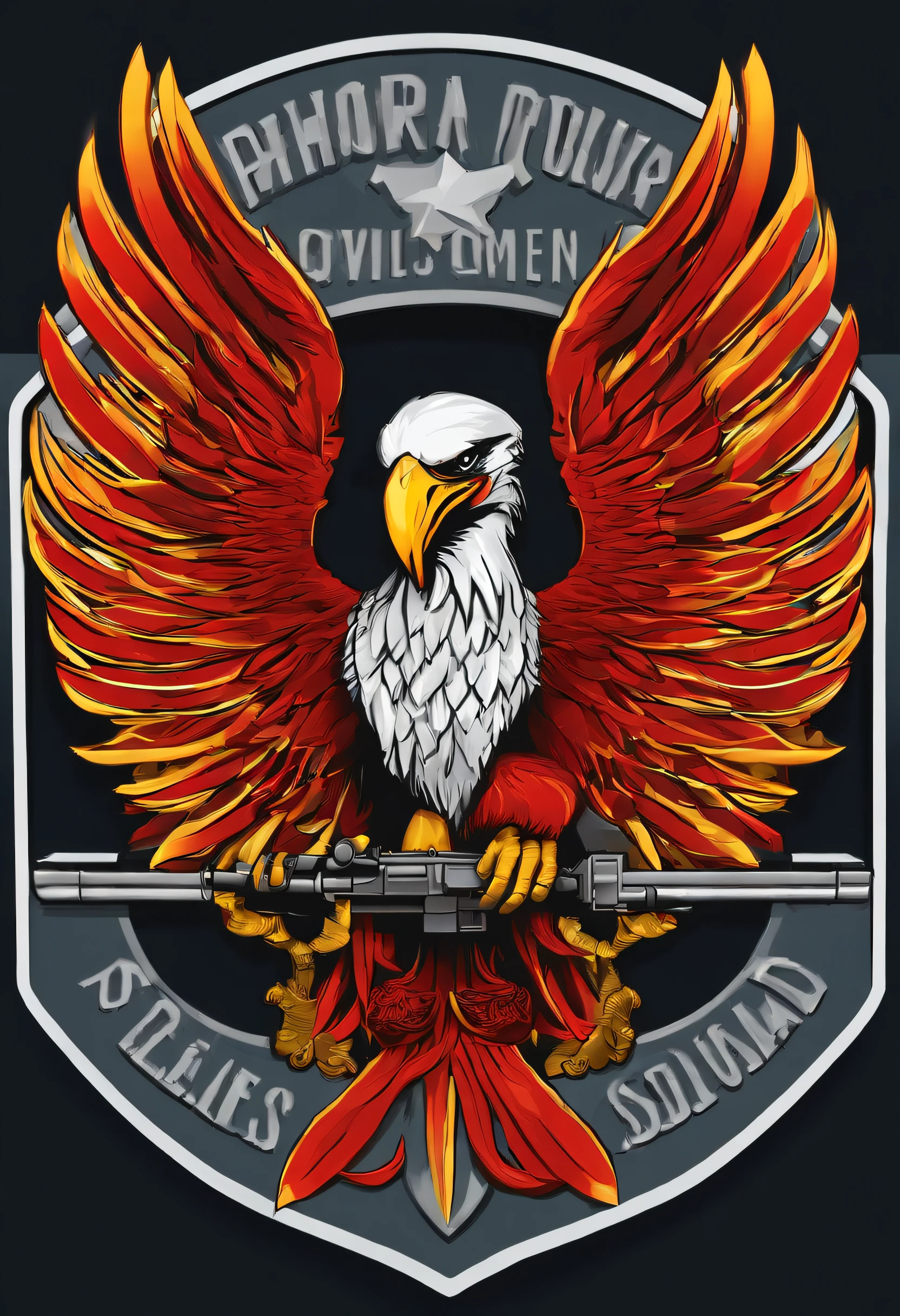 "Create a badge for a fictional tactical force called the 'Phoenix Rapid Response Squad' to be affixed to the shoulder of the soldiers' uniform. This squad is known for its skill in crisis and rescue situations, and is highly trained in combat operations and rapid response. O emblema deve incorporar elementos que simbolizem coragem, Determination and efficiency. Don't forget to include a motto or slogan suitable for the squad."