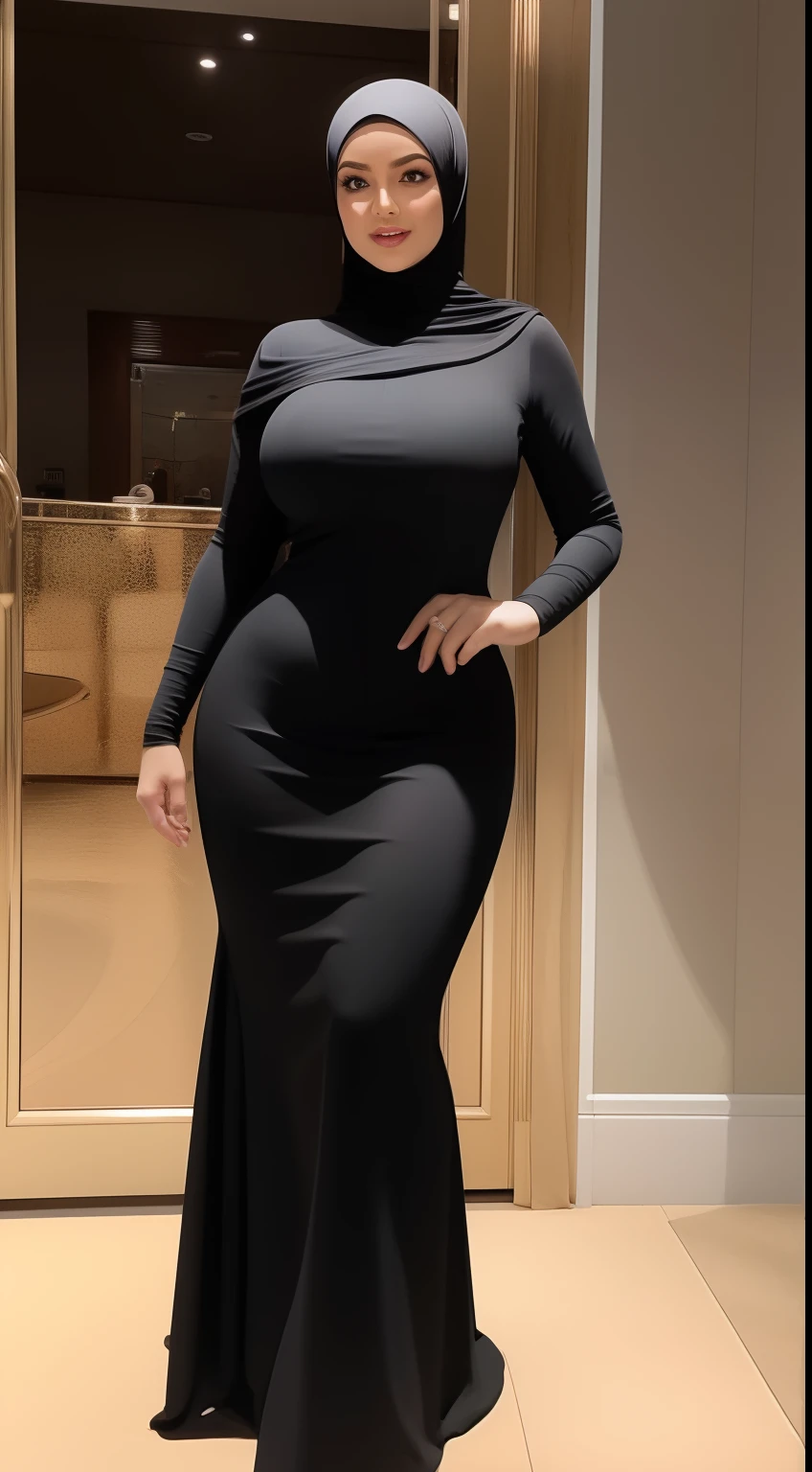 (NSFW,highres:1.2),1 girl,perfect body shape, slim waist, curvy hourglass figure, full body picture, skinny waist and thick hips,full body view,big boobs,wearing a hijab,wearing tight dress,beautiful detailed eyes,long eyelashes,natural makeup,soft smile,she has a jiggly fat round belly,vivid colors,studio lighting,physically-based rendering,digital artwork,bokeh