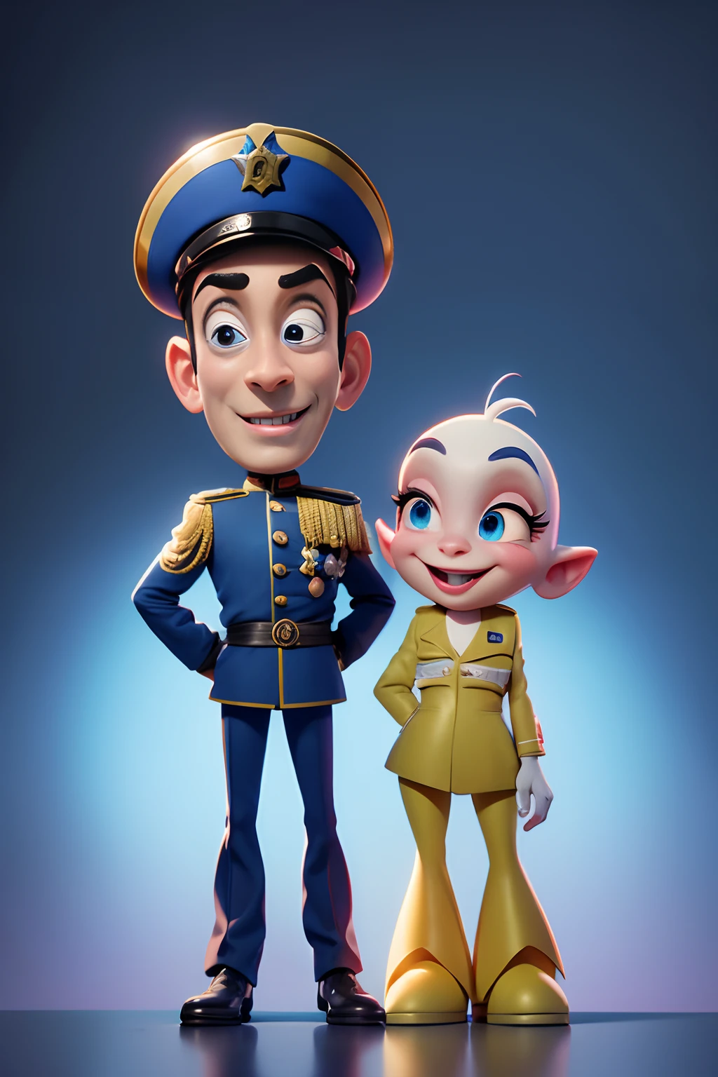 A French gendarme and a cheerful alien. Disney Pixar cartoon. a closeup of a. Cinematic. blurred background. Light haze.