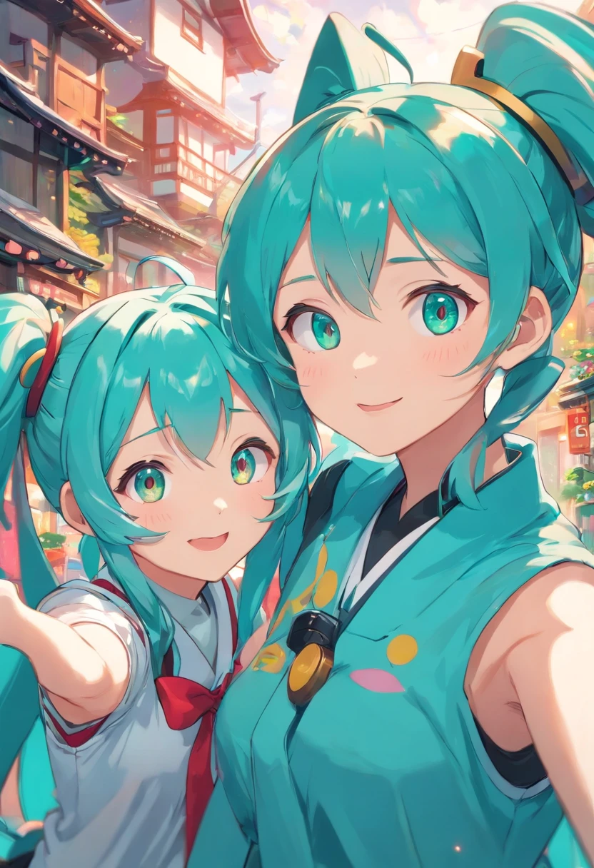 Hatsune Miku taking a selfie with Shinomiya Kaguya