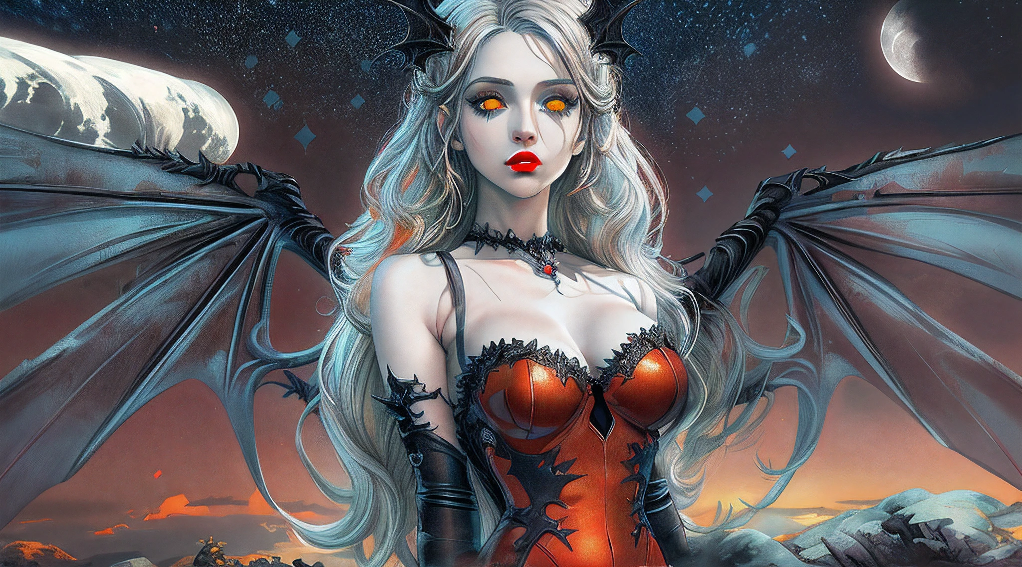 a sexy vampire wearing a red bikini, stained with blood, staring at the viewer crying tears of blood, and small wounds on her face, whole body, wet body, wet clothes, flowing blonde hair, menacing gaze and fangs, gleaming vampire wings, blood staining her pale face, big, sharp nails ready to pounce, in a dark abandoned church,  with a few candles lighting up, with intensely mesmerizing red eyes