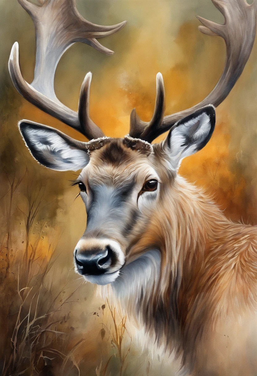 (a reindeer),oil painting,beautiful nature landscape,detailed fur,brown eyes and antlers. (best quality,highres,vivid colors)(realistic:1.37)(portraits)