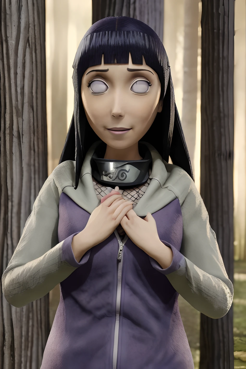 TimBurton Animation, portrait of hinata hyuga,  hinata\(shippuden\), 1girl, hooded jacket, fishnets, headband around neck, smile, l. shy, good hands, beautiful, forest