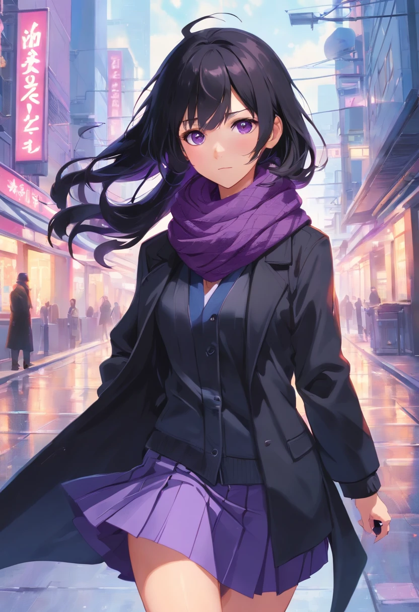1girl, solo, ((black hair)), ((long hair)), ((hair covering right eye)), ((perfect eyes)), (black eye), ((black coat)), ((scarf purple)), ((short skirt)), ((hands in coat pocket)), ((2 katanas on back)), black gloves, headphones, beret