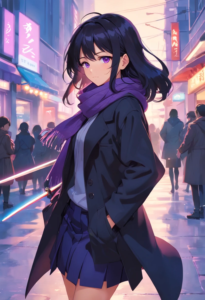1girl, solo, ((black hair)), ((long hair)), ((hair covering right eye)), ((perfect eyes)), (black eye), ((black coat)), ((scarf purple)), ((short skirt)), ((hands in coat pocket)), ((2 katanas on back)), black gloves, headphones, beret