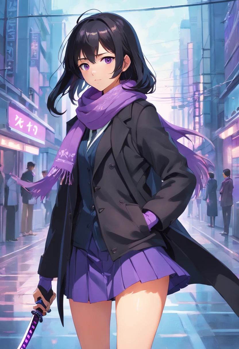1girl, solo, ((black hair)), ((long hair)), ((hair covering right eye)), ((perfect eyes)), (black eye), ((black coat)), ((scarf purple)), ((short skirt)), ((hands in coat pocket)), ((2 katanas on back)), black gloves, headphones, beret