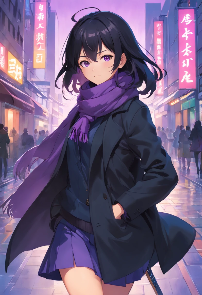 1girl, solo, ((black hair)), ((long hair)), ((hair covering right eye)), ((perfect eyes)), (black eye), ((black coat)), ((scarf purple)), ((short skirt)), ((hands in coat pocket)), ((2 katanas on back)), black gloves, headphones, beret