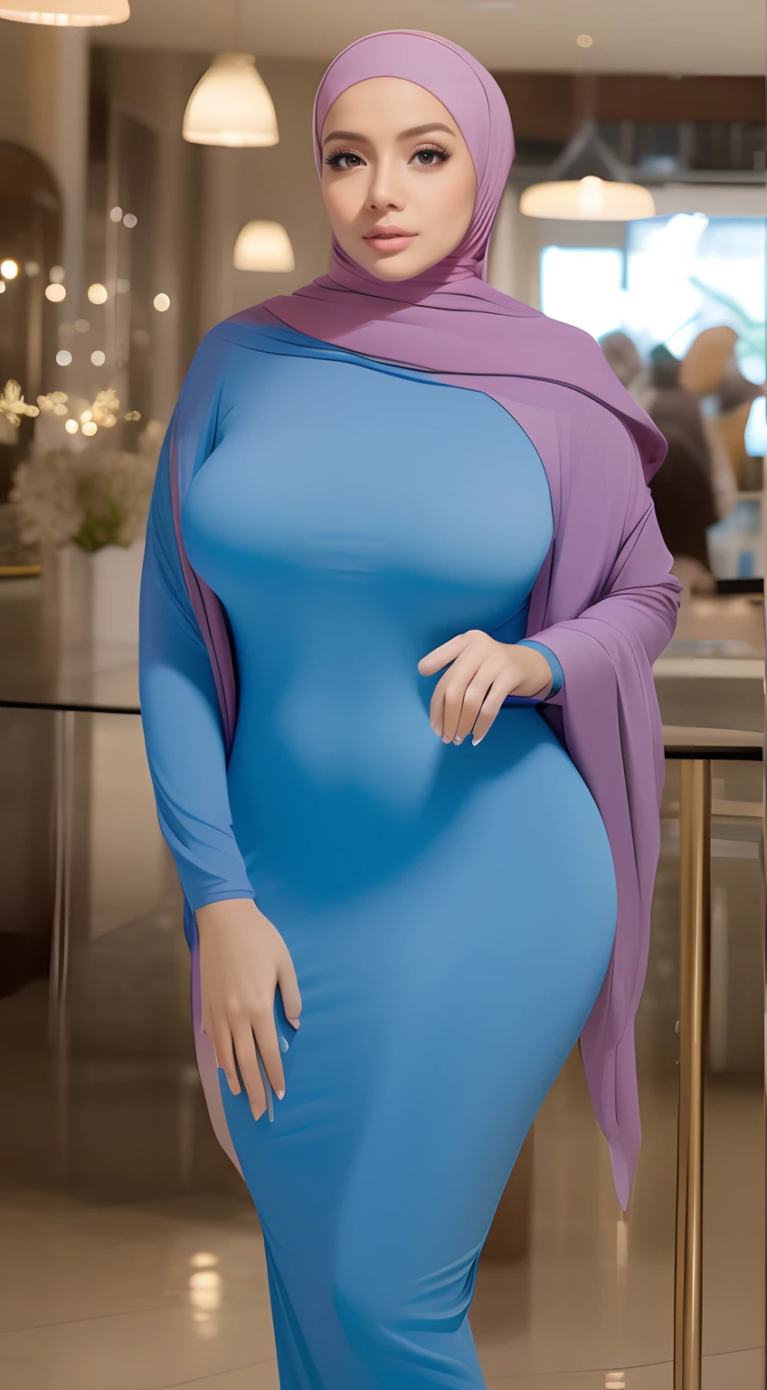 (NSFW,highres:1.2),1 girl,perfect body shape, slim waist, curvy hourglass figure, full body picture, skinny waist and thick hips,full body view,big boobs,wearing a hijab,wearing tight dress,beautiful detailed eyes,long eyelashes,natural makeup,soft smile,she has a jiggly fat round belly,vivid colors,studio lighting,physically-based rendering,digital artwork,bokeh