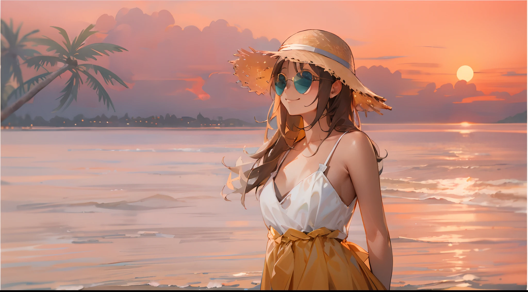 Upper body, medium shot, a woman, detailed eyes, arms behind her back, dress, straw hat, sunglasses, smile, standing, seaside, sunset, coconut tree, beautiful sky, sea
