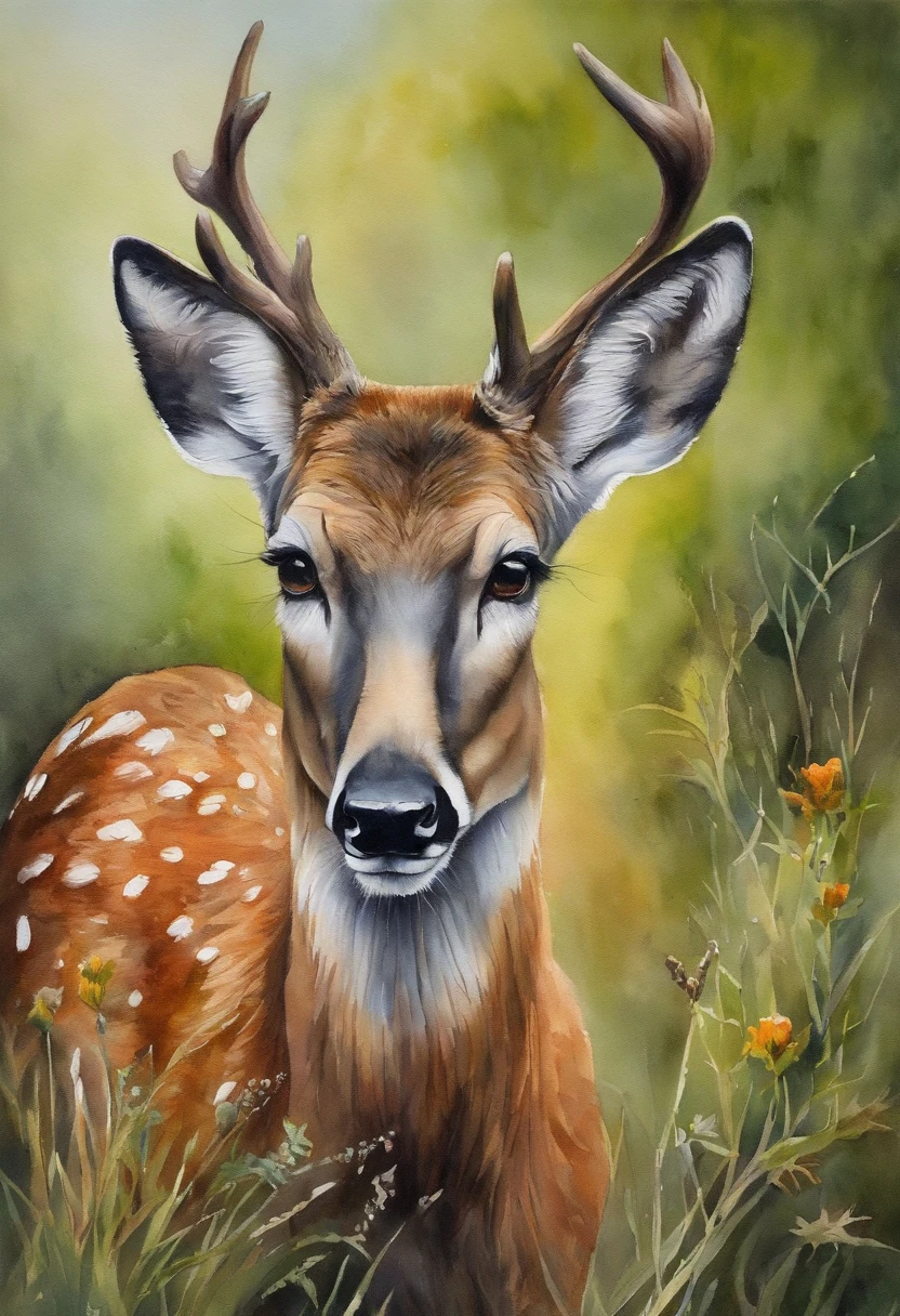 (un renne),oil painting,Beau paysage naturel,detailed fur,yeux bruns et bois. (Best quality,high resolucion,couleurs vives)(Realstic:1.37)(Portraits)