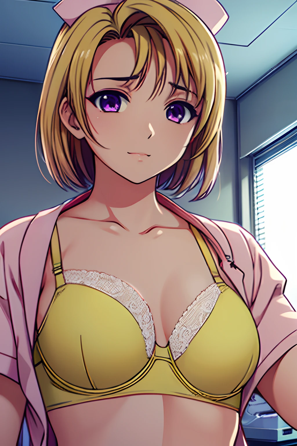 1girl in, Remi, ((Doctor's Room:1.4)), ((pink nurse uniform)), ((Yellow Bra:1.4)), Short hair, a blond, Straight hair, Purple eyes, Solo, ((Solo Focus, female focus, Face Focus, view from front)), Upper body, Open your clothes, Show off your breasts, Erect , Covered , Accurate body drawing based on the human skeleton, Accurate body drawing based on human anatomy